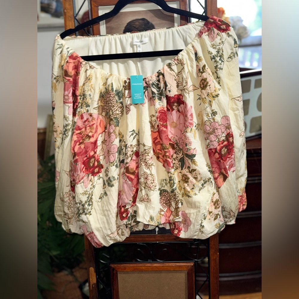 Maurices Cream Floral Off-Shoulder Crop Top with Pink & Red Blooms